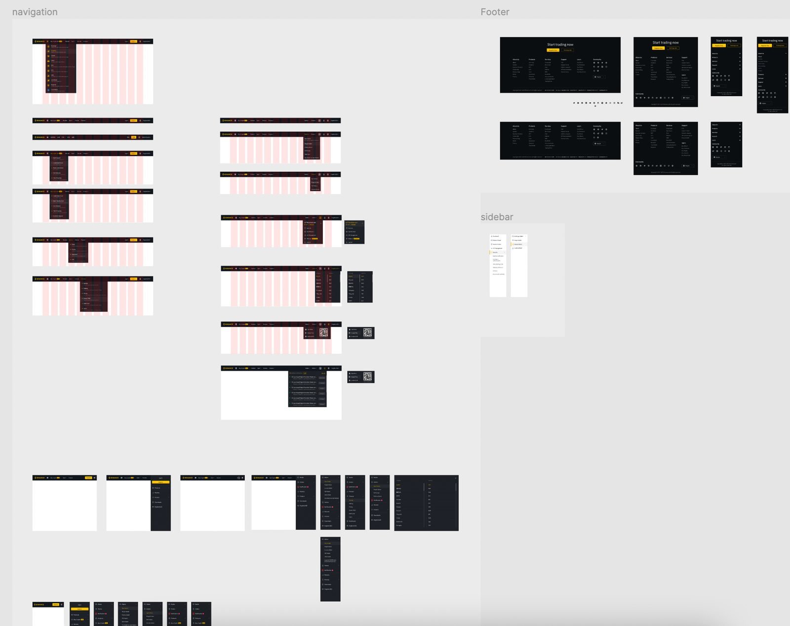 Navigation bars, sidebars and footer for desktop, tablet and mobile.