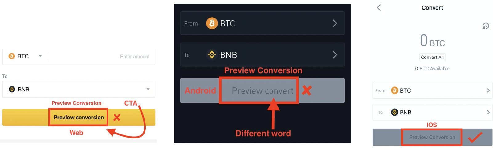 Web vs. app: the same words for the same actions, checked side by side.