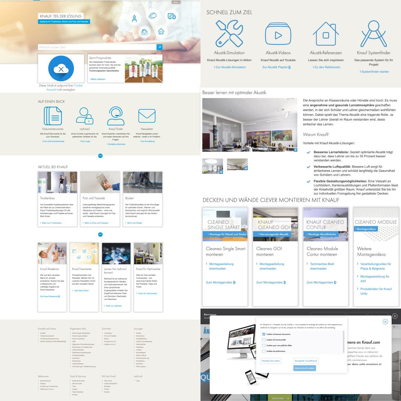 Before. The old knauf.com in a nutshell — inconsistent branding, dense pages, no shared component language across regions.